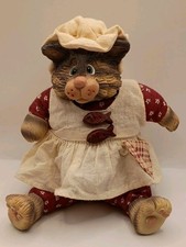 Vtg. 90s Cat In Apron Plush Ceramic Shelf Sitter Folk Art Country Primitive Russ picture
