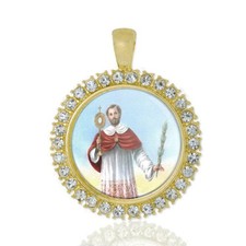 St Raymond Nonnatus Christian Round Medal Gold Tone Pendant with Rhinestones picture