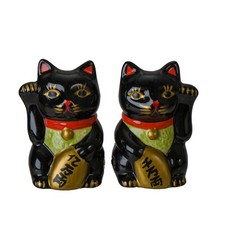 PT Black Maneki Neko Cat Ceramic Magnetic Salt &Pepper Shakers Set picture