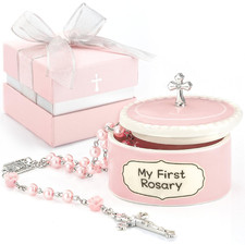 Baptism Gifts for Girl - My First Rosary with Ceramic Keepsake Box, Catholic Chr picture