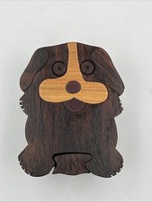 VTG Hand Carved Wooden Puzzle Puppy Dog  Jewelry/Trinket Box Secret Compartment picture