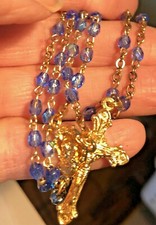Tiny Blue Glass Catholic Rosary Goldtone Metal Childs picture