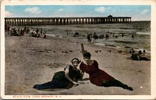1916 Long Branch NJ Beach View Postcard - Women in Swimsuits, Pier picture