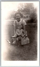 Vtg B&W Snapshot Mother Boy Wooden Hobby Rocking Horse Dublin Ireland Yard 1940s picture