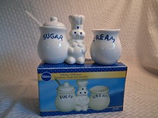 Pilsbury Doughboy Ceramic Creamer & Sugar Set with Lid Spoon Box picture