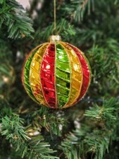 Wizardi Red and Green Striped Ball Glass Christmas Ornament F07M7-35-LH76-23094 picture