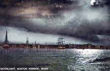 Moonlight Boston Harbor Massachusetts Ships Vintage Undivided Back Post Card picture