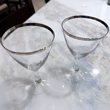 Fostoria 1950’s Wedding Ring Platinum Trim Wine Glasses Set of 2 Crystal picture
