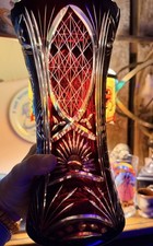 Vintage Ruby Red Crystal Cut to Clear Vase Bohemian Czech Style Burgundy 9 1/2” picture