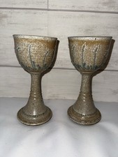 Vintage Studio Pottery Stoneware Goblets Set of 2 Speckled Tan Floral Chalices picture