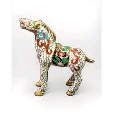 VTG Traditional Brass Enamel Cloisonne Horse Figurine White 2.5” Tall 3” Long picture