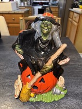 Byron Molds 1972 Hand Painted Ceramic Halloween Witch On A Jack O'Lantern Freaky picture