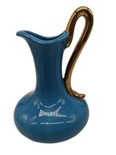 Vintage MCM Pottery Ewer Pitcher Turquoise Blue Ornate Gold Handle Vase 7.5