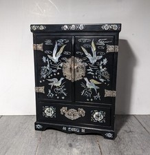 Vintage Asian Oriental Black Lacquer Mother of Pearl Jewelry Box Chest Cabinet picture