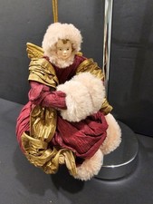 VTG Cartapesta Style Paper Mache Burgundy Gold Faux Fur Trim Muff Angel Ornament picture