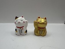 {2pcs set} JAPAN yakushigama beckoning Lucky Cat color GOLD & WHITE CAT picture