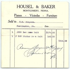 1934 Housel & Baker Furniture Billhead, Montgomery PA picture