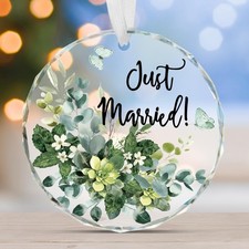 Just Married Round Glass Ornament - Eucalyptus - Elegant Keepsake for Newlyweds picture