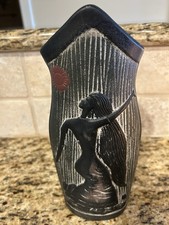 Vtg Black Figural Vase Dancing Woman Raised relief Textured Stripe Ceramic 10” picture