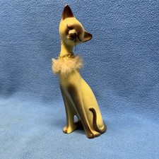 VTG Siamese Cat Figurine Brown MCM Ceramic Kitty Whiskers Collar Japan picture