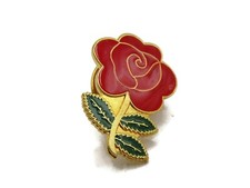 Vintage Red Rose Flower Lapel Pin Brooch Gold Tone Green Leaf Enamel Jewelry picture