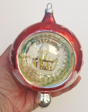 VTG Glass In the Mold Diorama Church Scene Red Indent Christmas BIG Ornament picture
