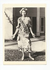 Postcard: Miss Depression, Lawrence Kansas; reprint from 1931 photo; paper dress picture