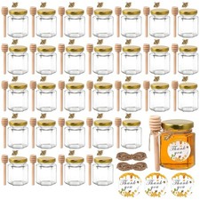 30 Pack 3 oz Mini Glass Honey Jars with Wooden Dippers & Gold Lids picture