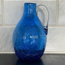 Vintage Handblown Blue Crackle Glass Pitcher Jug W/ Applied Clear Handle 5 1/2