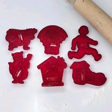 Vtg HRM Red Plastic Cookie Cutters Nursery Rhymes Set Of 6 Excellent Condition  picture