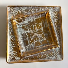 Vintage MCM Stangl Pottery Gold Cream Aqua Square Ashtray Dish Hollywood Regency picture