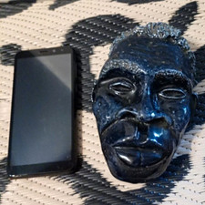 Small African Mask Wall Hanging, Black Glazed Ceramic Collectible 1946 picture