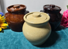 Roycroft Vintage Set of 3 Bean Honey Pot Jars With Lids Brown Tones Very Nice picture