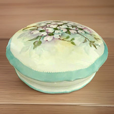 Mary Fulton Hand Painted Porcelain Trinket Box Dogwood Floral Tufted Satin picture