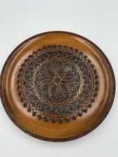 VTG Polish Hand-Carved Wooden Plate w/ Brass Inlay Floral Base, Rare Border 11” picture