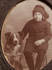 Antique 1900s Edwardian Photo Oval Mount Boy Stocking Cap Border Collie Dog picture
