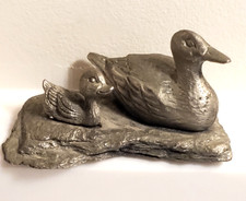 Vintage Miniature Pewter Mother Duck & Baby Duckling Mini Figurine picture