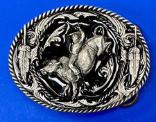 Cowboy On Wild Rodeo Steer Cow W/ Indian Feathers Siskiyou Belt Buckle picture