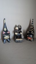 Vintage Hand Carved Wooden Cat Figurines Lot of 3 Whimsical Folk Art Halloween picture