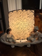 Vintage 1960s MCM Off White Chalkware TV Lamp Oriental Children with Sail  WORKS picture