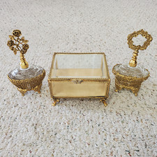 VTG Globe 24kt Gold Plated Vanity Set Jewelry Casket Box & Perfume Bottles picture