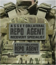 ASSET C REPO AGENT R S EMB PATCH 4X10 & 3X7 HOOK ON BACK black on gray picture