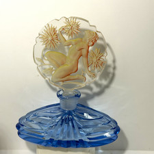Lead Crystal Czech Republic Art Cobalt Blue Glass Perfume Bottle Nude W/ Top picture