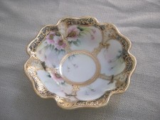 Ornate Vintage Hand Painted Nippon Heavy Gold Trim, Azalea? Rose? Ruffled Bowl picture