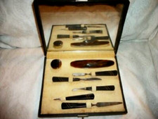ANTIQUE MANICURE SET LEATHER CASE ENGLISH MIRROR VELVET ART DECO 1920s picture
