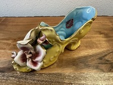 VTG ROZART PINK ROSES POTTERY YELLOW SHOE FIGURINE VASE GOLD TRIM  6.25