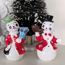 Rare Vintage Artmark Ceramic Snowman Couple Salt Pepper Shakers Japan HH Era picture