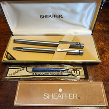 NOS Vintage Sheaffer Targa 1001S Slim Pen & Pencil Set Brushed Steel Medium Stic picture