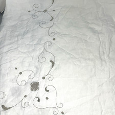 Vintage Linen Ivory Tablecloth with Cutouts and Embroidery 82