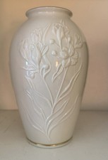 Vintage Lenox 8” Vase Masterpiece Collection Embossed Iris 24k Gold Porcelain picture